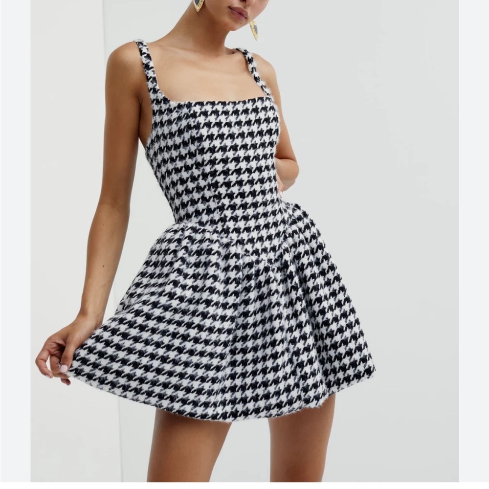 For Love and Lemons Black & White Houndstooth‎ Square-Neck Mini Dress